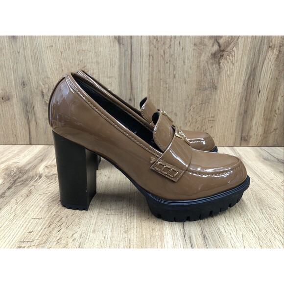 GUESS Women’s Keaton Chunky Platform Heels Brown Patent Leather Shoes Size 8 M - Picture 2 of 16